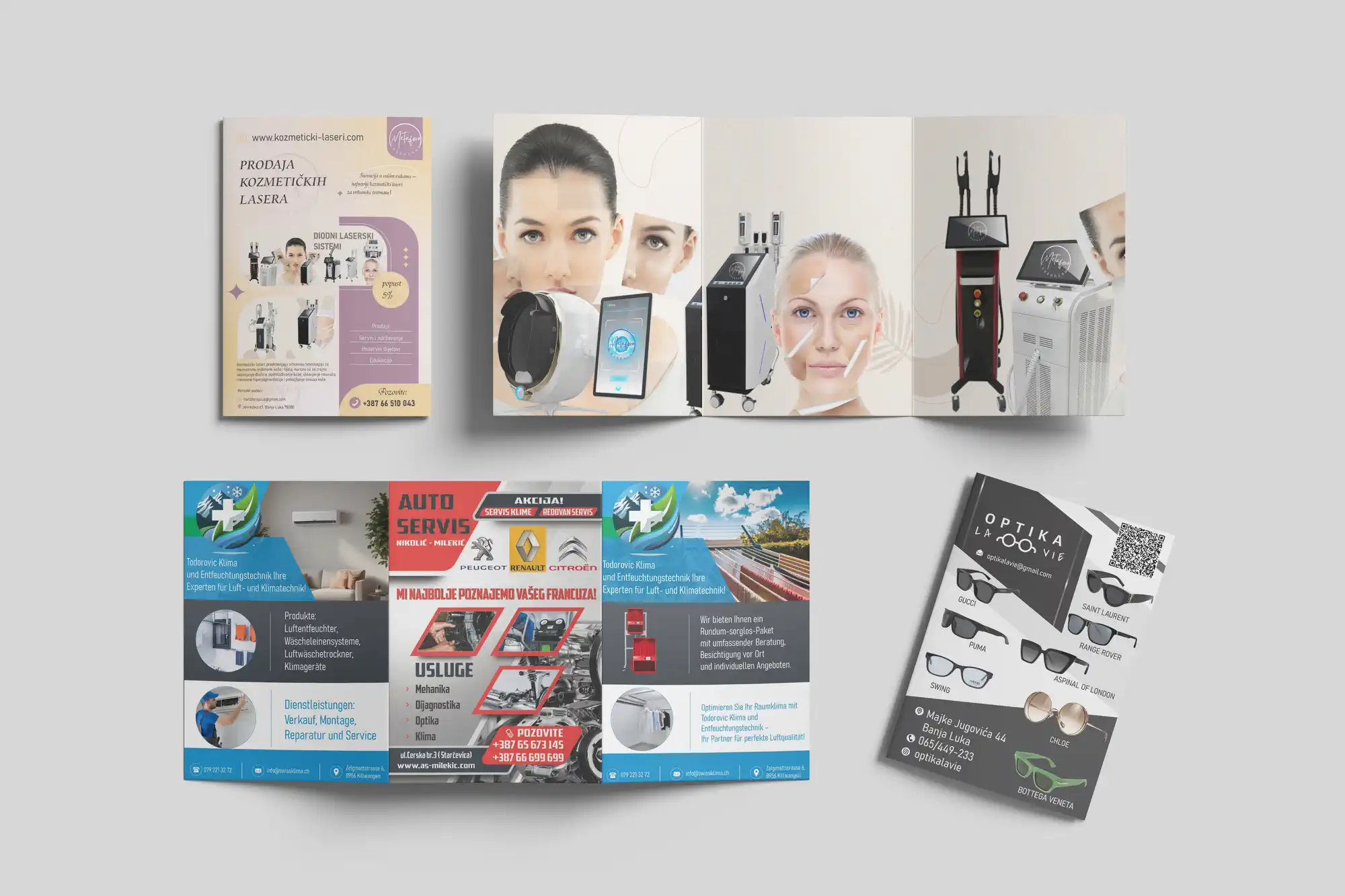 Primjeri štampanih promotivnih materijala uključujući flajere, brošure i vizit karte